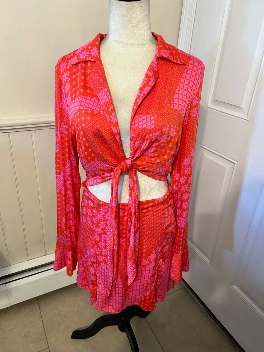 Free People Miki Mini Dress Rose Combo Pink/Orange Cutout Tie Front/Medium